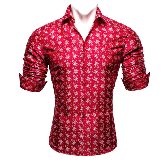 Simon Von Christmas Red White Snowflake Floral Silk Slim Fit Shirt-CY-0511 - SimonVon Shop