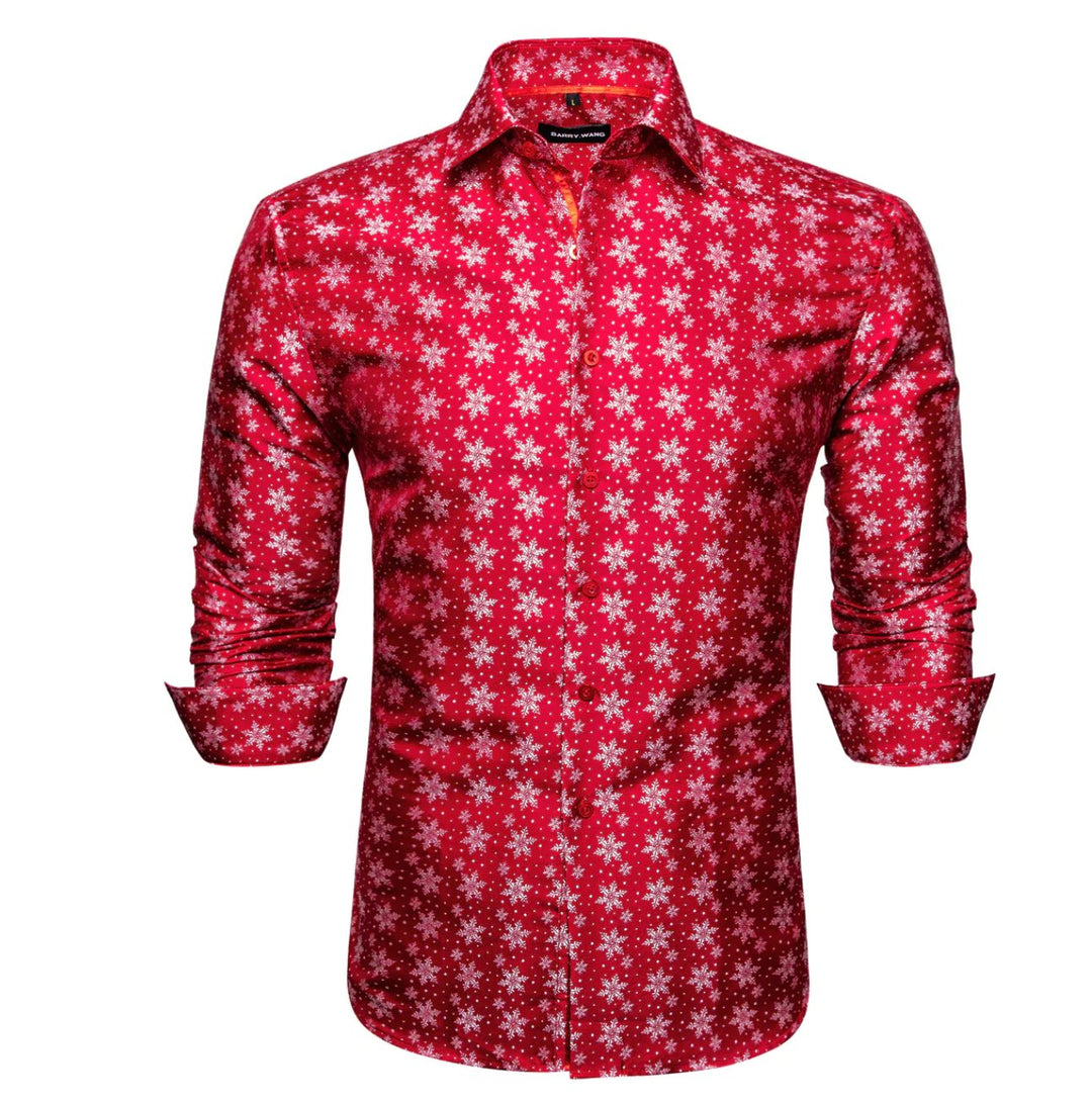 Simon Von Christmas Red White Snowflake Floral Silk Slim Fit Shirt-CY-0511 - SimonVon Shop