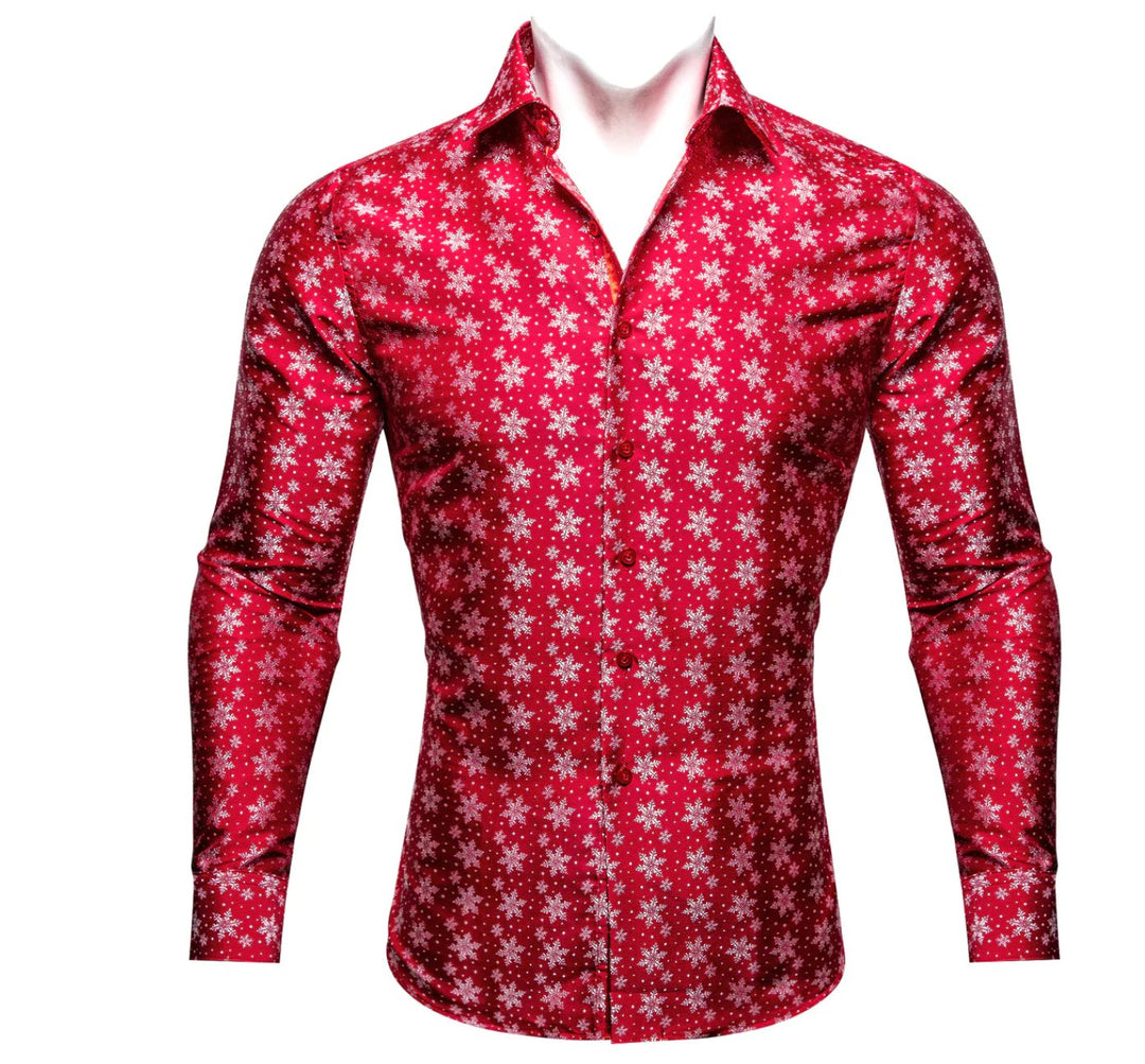 Simon Von Christmas Red White Snowflake Floral Silk Slim Fit Shirt-CY-0511 - SimonVon Shop