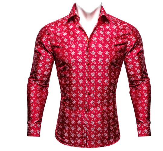 Simon Von Christmas Red White Snowflake Floral Silk Slim Fit Shirt-CY-0511 - SimonVon Shop