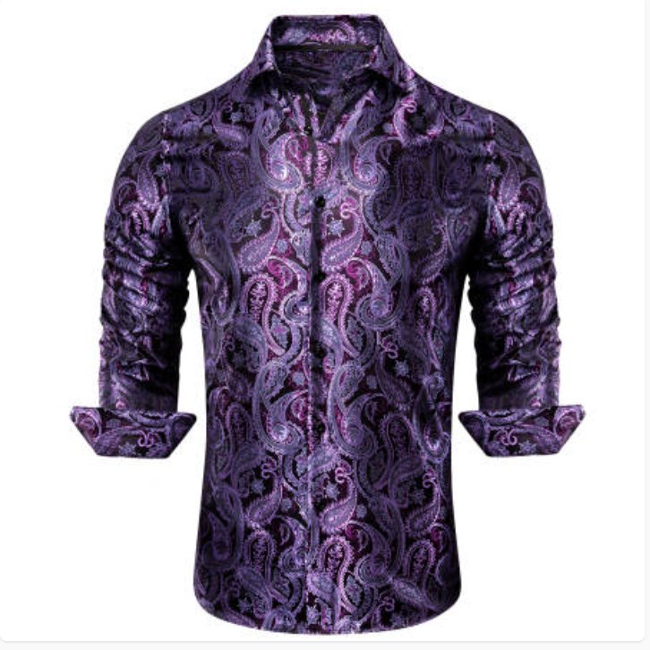 Simon Von Classic Purple Black Paisley Silk Men's Shirt-CY-1039 - SimonVon Shop