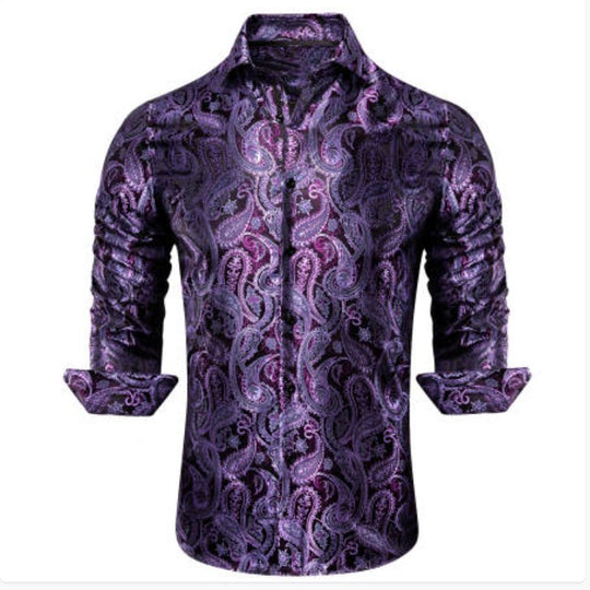 Simon Von Classic Purple Black Paisley Silk Men's Shirt-CY-1039 - SimonVon Shop