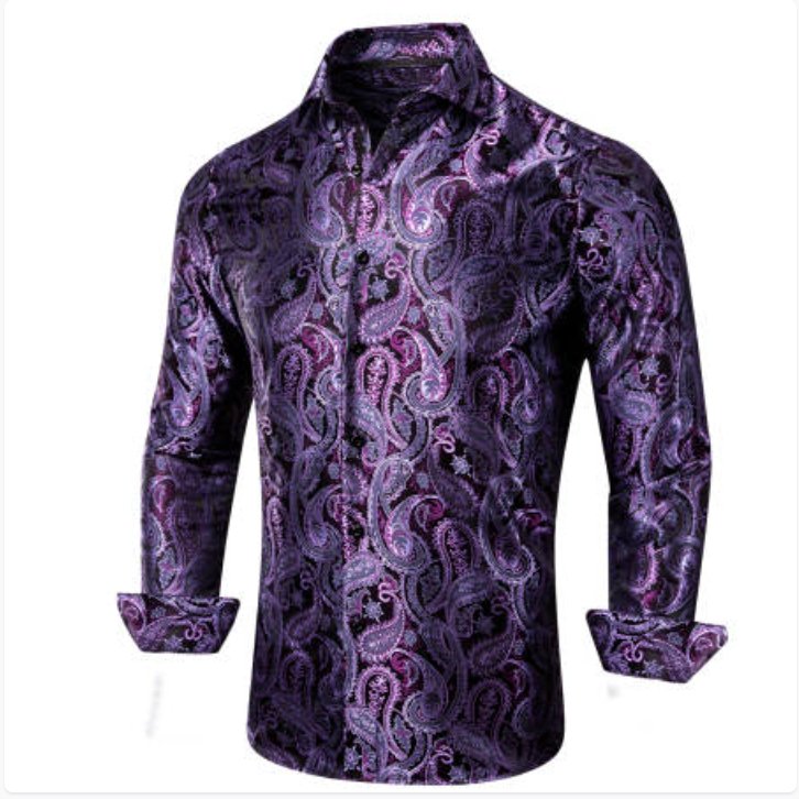 Simon Von Classic Purple Black Paisley Silk Men's Shirt-CY-1039 - SimonVon Shop