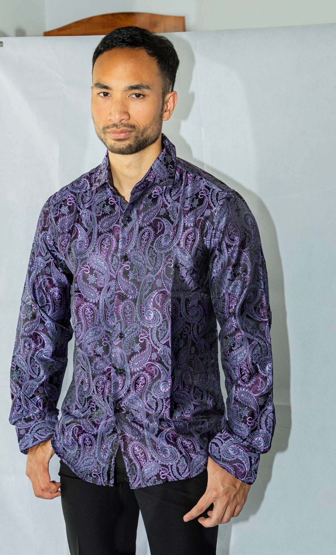 Simon Von Classic Purple Black Paisley Silk Men's Shirt-CY-1039 - SimonVon Shop