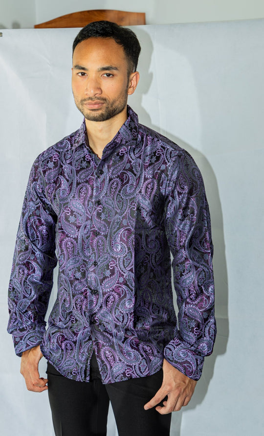 Simon Von Classic Purple Black Paisley Silk Men's Shirt-CY-1039 - SimonVon Shop