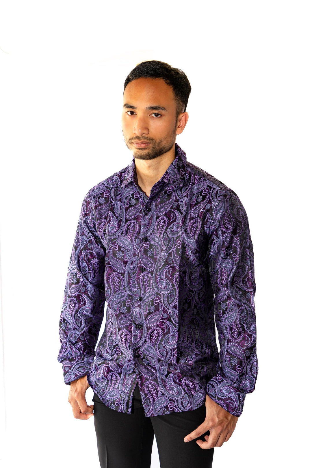Simon Von Classic Purple Black Paisley Silk Men's Shirt-CY-1039 - SimonVon Shop