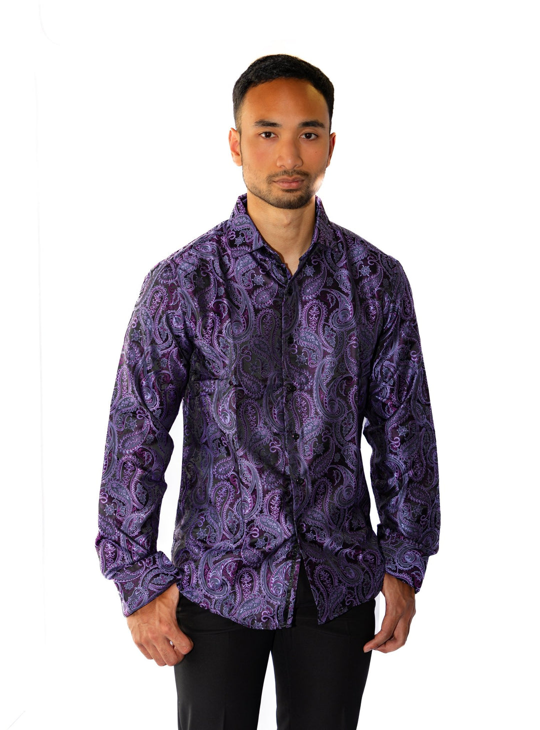 Simon Von Classic Purple Black Paisley Silk Men's Shirt-CY-1039 - SimonVon Shop