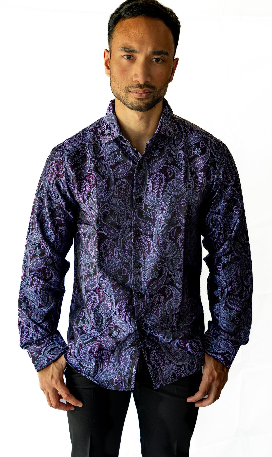 Simon Von Classic Purple Black Paisley Silk Men's Shirt-CY-1039 - SimonVon Shop
