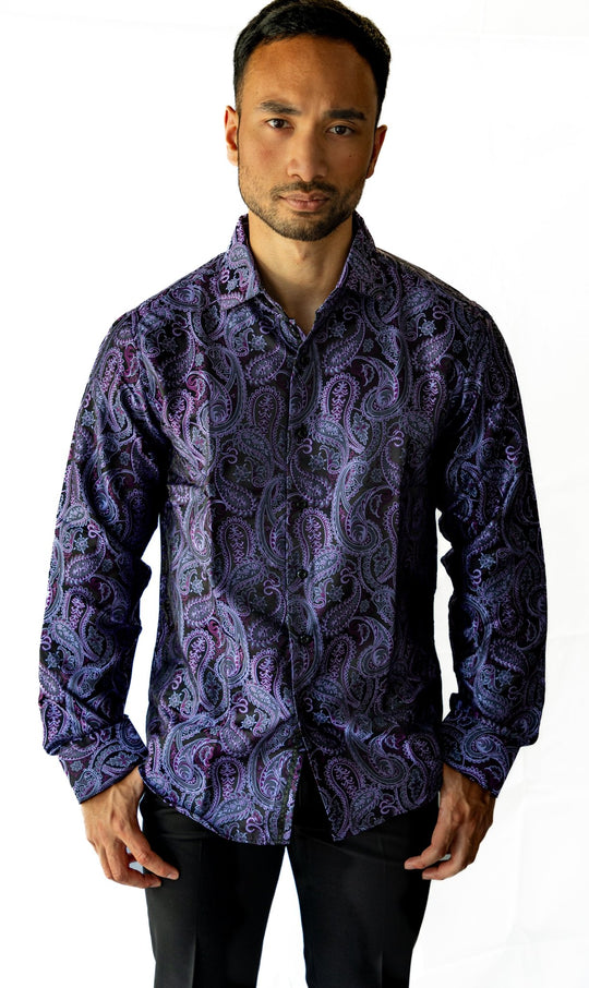 Simon Von Classic Purple Black Paisley Silk Men's Shirt-CY-1039 - SimonVon Shop