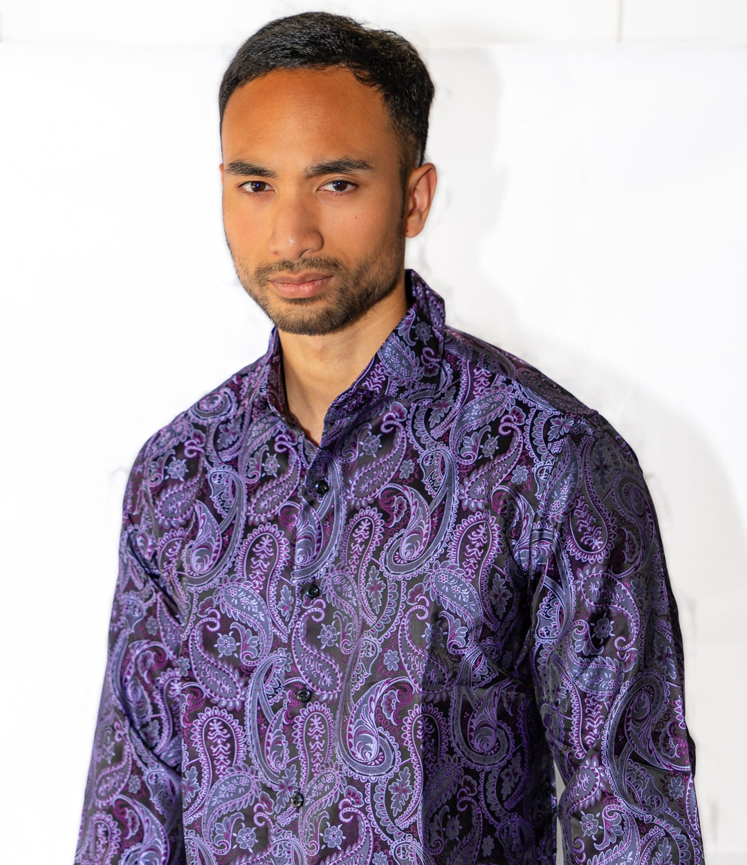 Simon Von Classic Purple Black Paisley Silk Men's Shirt-CY-1039 - SimonVon Shop