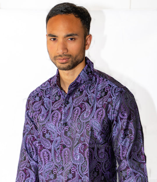 Simon Von Classic Purple Black Paisley Silk Men's Shirt-CY-1039 - SimonVon Shop