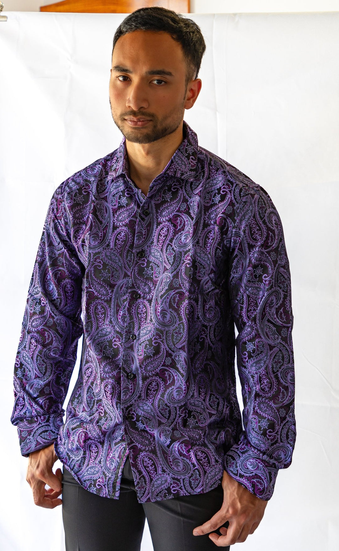Simon Von Classic Purple Black Paisley Silk Men's Shirt-CY-1039 - SimonVon Shop