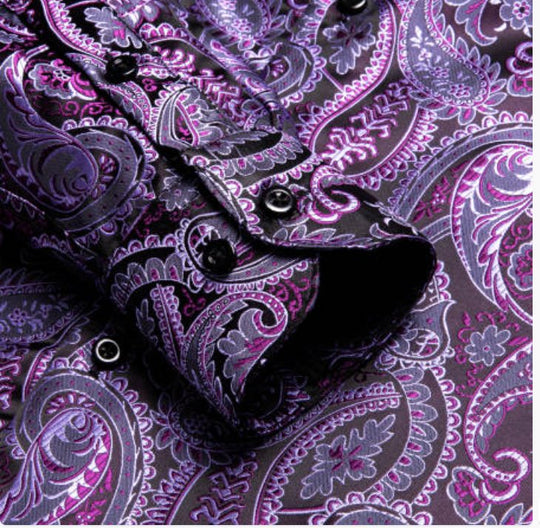 Simon Von Classic Purple Black Paisley Silk Men's Shirt-CY-1039 - SimonVon Shop