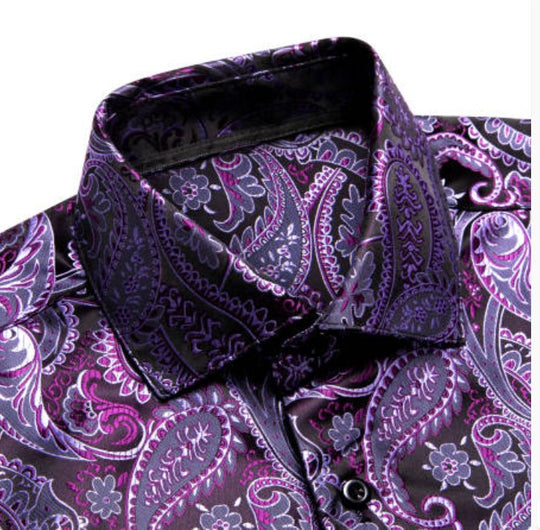 Simon Von Classic Purple Black Paisley Silk Men's Shirt-CY-1039 - SimonVon Shop