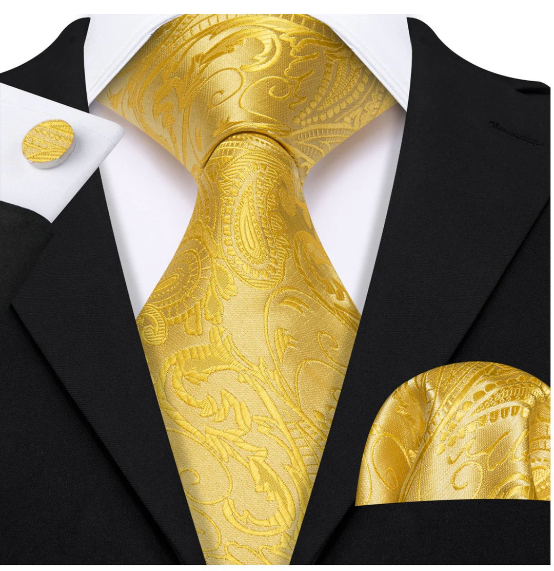 Simon Von Gold Tie Paisley Silk Mens Tie Pocket Square Cufflinks Set- N-5220 - SimonVon Shop