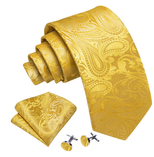 Simon Von Gold Tie Paisley Silk Mens Tie Pocket Square Cufflinks Set- N-5220 - SimonVon Shop