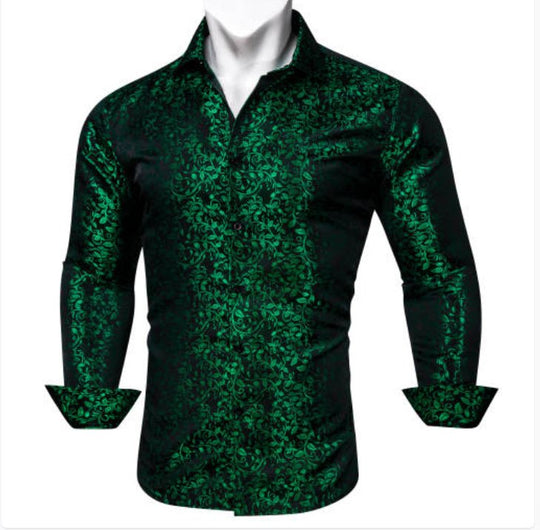 Simon Von Green Black Floral Silk Shirt- CY-0649 - SimonVon Shop