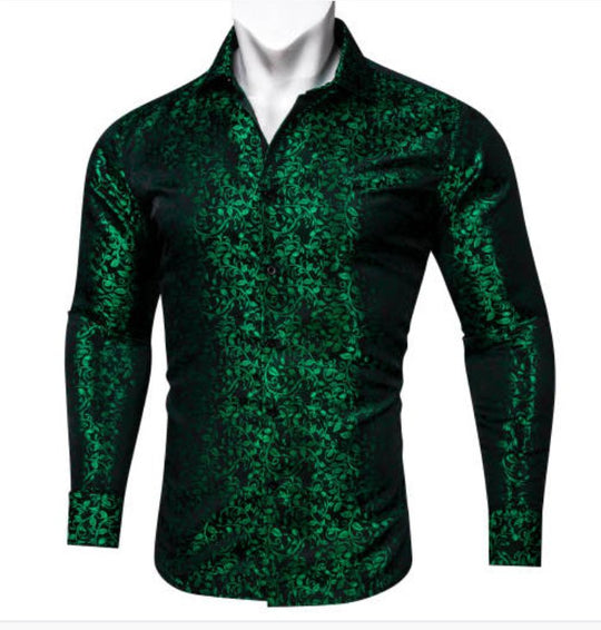 Simon Von Green Black Floral Silk Shirt- CY-0649 - SimonVon Shop