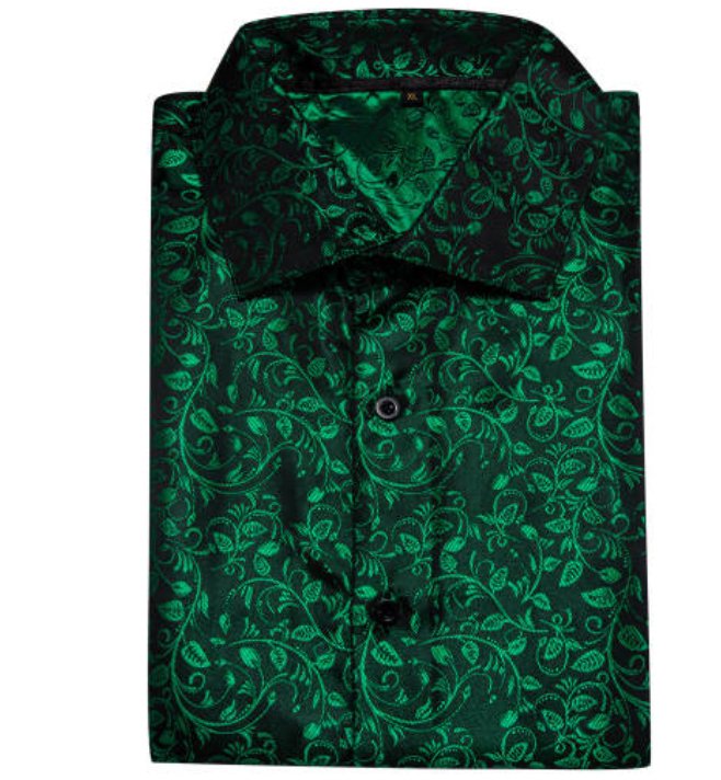 Simon Von Green Black Floral Silk Shirt- CY-0649 - SimonVon Shop