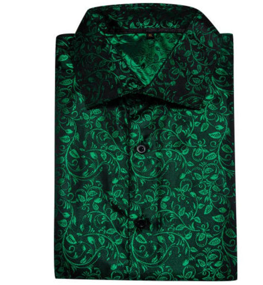 Simon Von Green Black Floral Silk Shirt- CY-0649 - SimonVon Shop