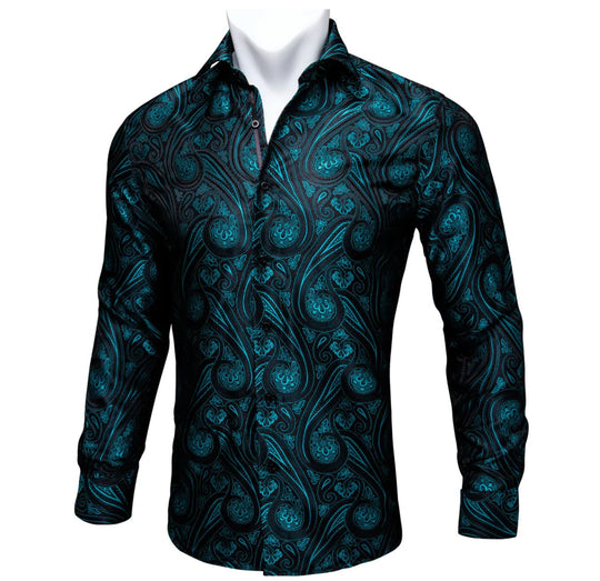 Simon Von Green Black Paisley Silk Shirt. CY-0005 - SimonVon Shop