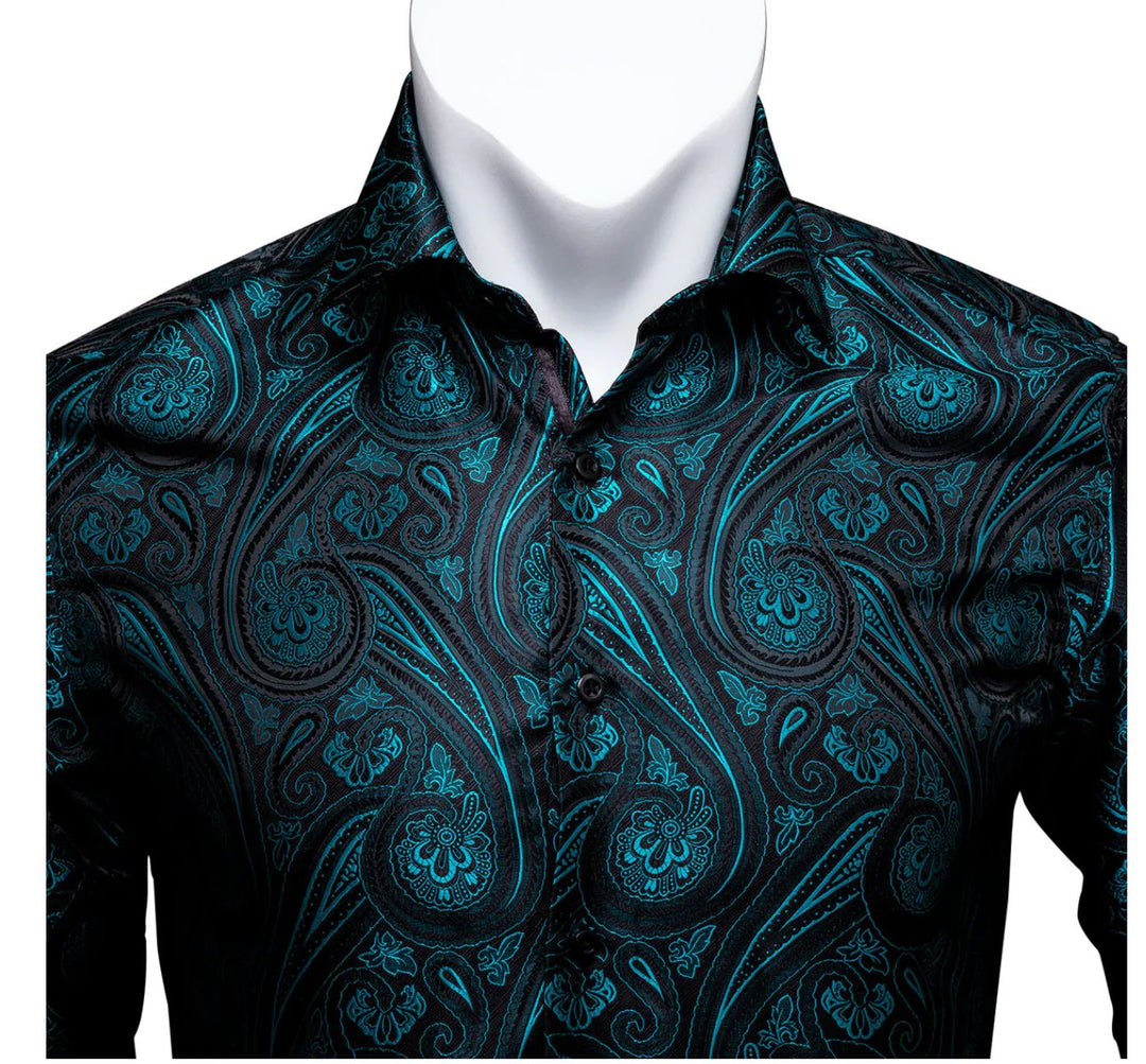 Simon Von Green Black Paisley Silk Shirt. CY-0005 - SimonVon Shop