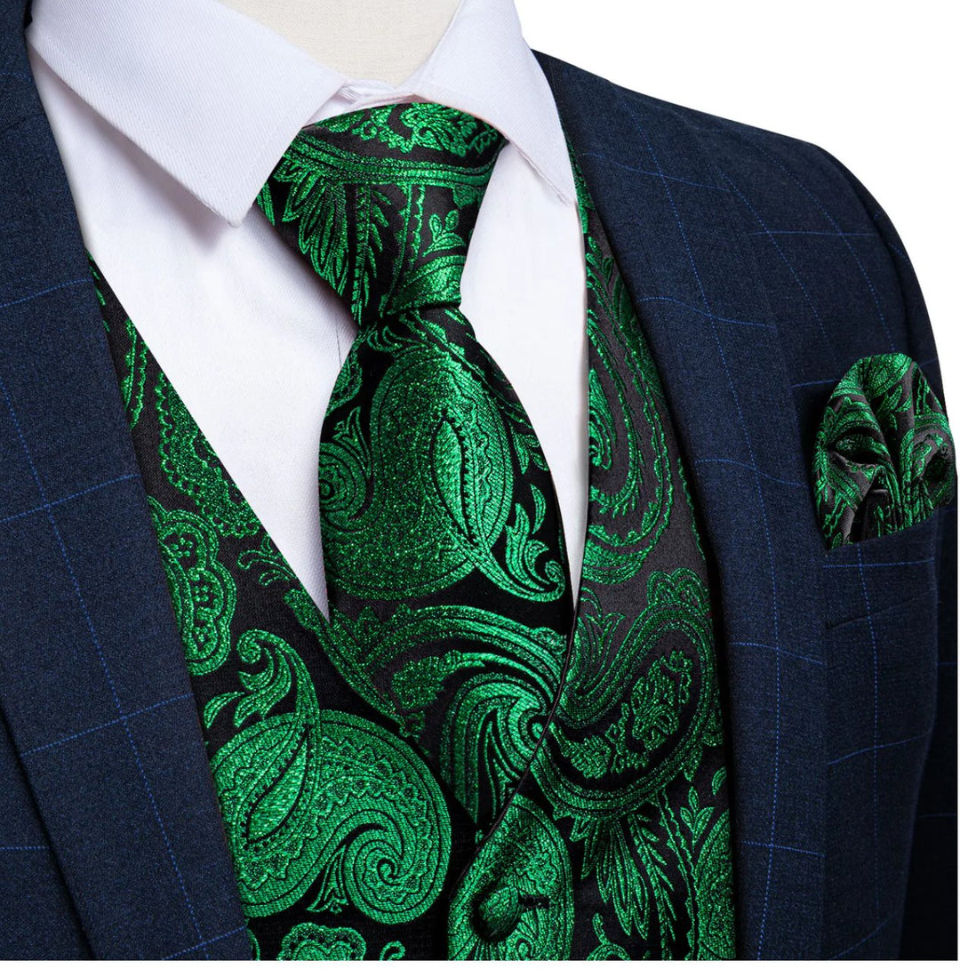 Simon Von Green Paisley Jacquard Silk Waistcoat Vest Handkerchief Cufflinks Tie Set- MJ0149 - SimonVon Shop
