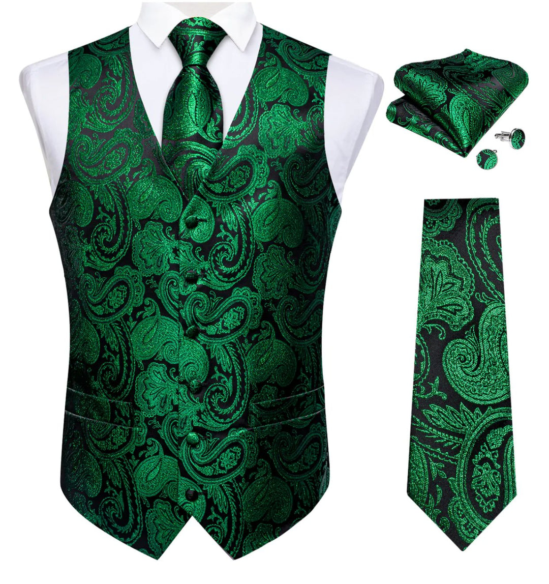 Simon Von Green Paisley Jacquard Silk Waistcoat Vest Handkerchief Cufflinks Tie Set- MJ0149 - SimonVon Shop
