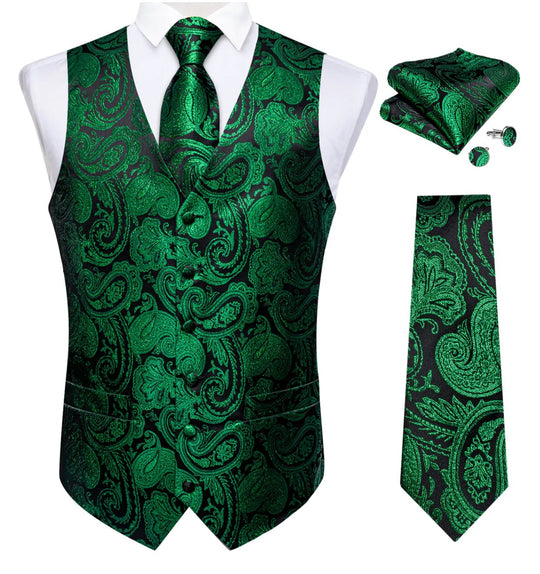Simon Von Green Paisley Jacquard Silk Waistcoat Vest Handkerchief Cufflinks Tie Set- MJ0149 - SimonVon Shop