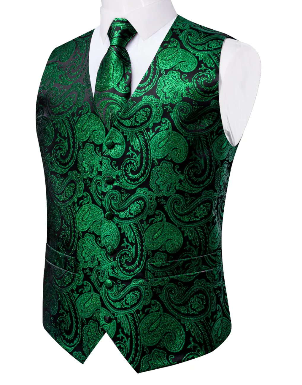 Simon Von Green Paisley Jacquard Silk Waistcoat Vest Handkerchief Cufflinks Tie Set- MJ0149 - SimonVon Shop