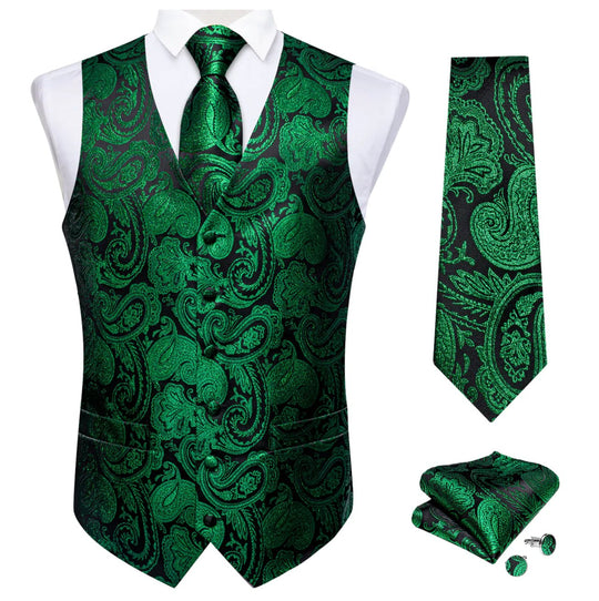 Simon Von Green Paisley Jacquard Silk Waistcoat Vest Handkerchief Cufflinks Tie Set- MJ0149 - SimonVon Shop