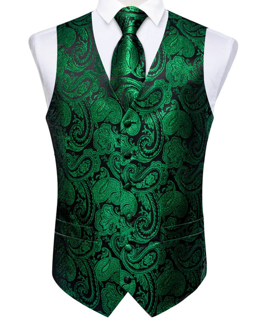 Simon Von Green Paisley Jacquard Silk Waistcoat Vest Handkerchief Cufflinks Tie Set- MJ0149 - SimonVon Shop