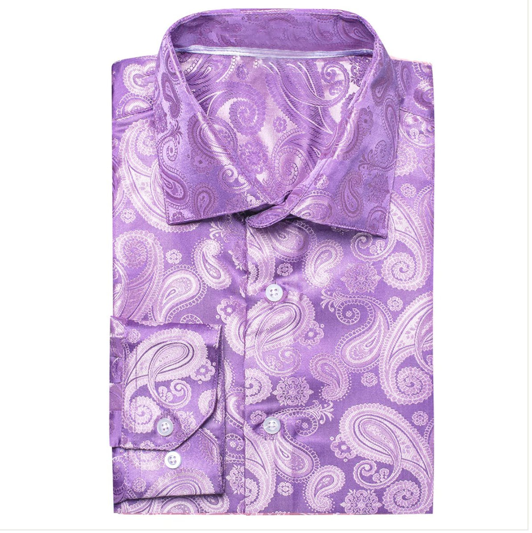 Simon Von Lilac Purple Paisley Silk Men's Long Sleeve Shirt -CY-1621 - SimonVon Shop