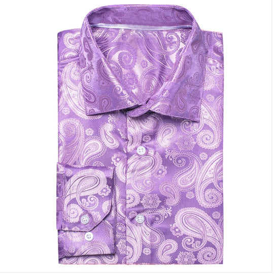Simon Von Lilac Purple Paisley Silk Men's Long Sleeve Shirt -CY-1621 - SimonVon Shop