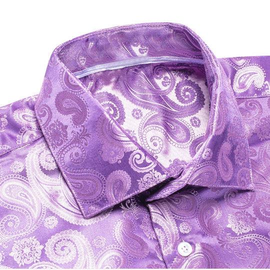 Simon Von Lilac Purple Paisley Silk Men's Long Sleeve Shirt -CY-1621 - SimonVon Shop