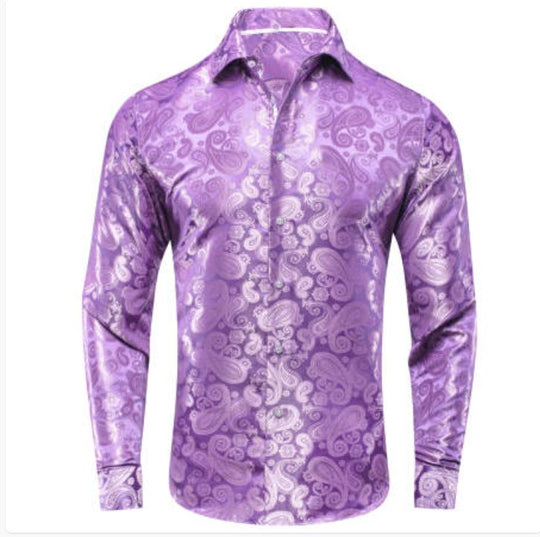 Simon Von Lilac Purple Paisley Silk Men's Long Sleeve Shirt -CY-1621 - SimonVon Shop