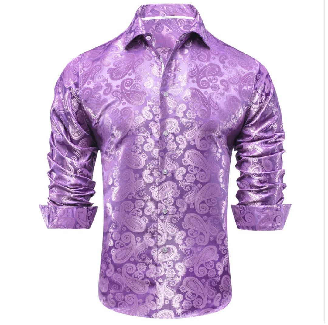 Simon Von Lilac Purple Paisley Silk Men's Long Sleeve Shirt -CY-1621 - SimonVon Shop