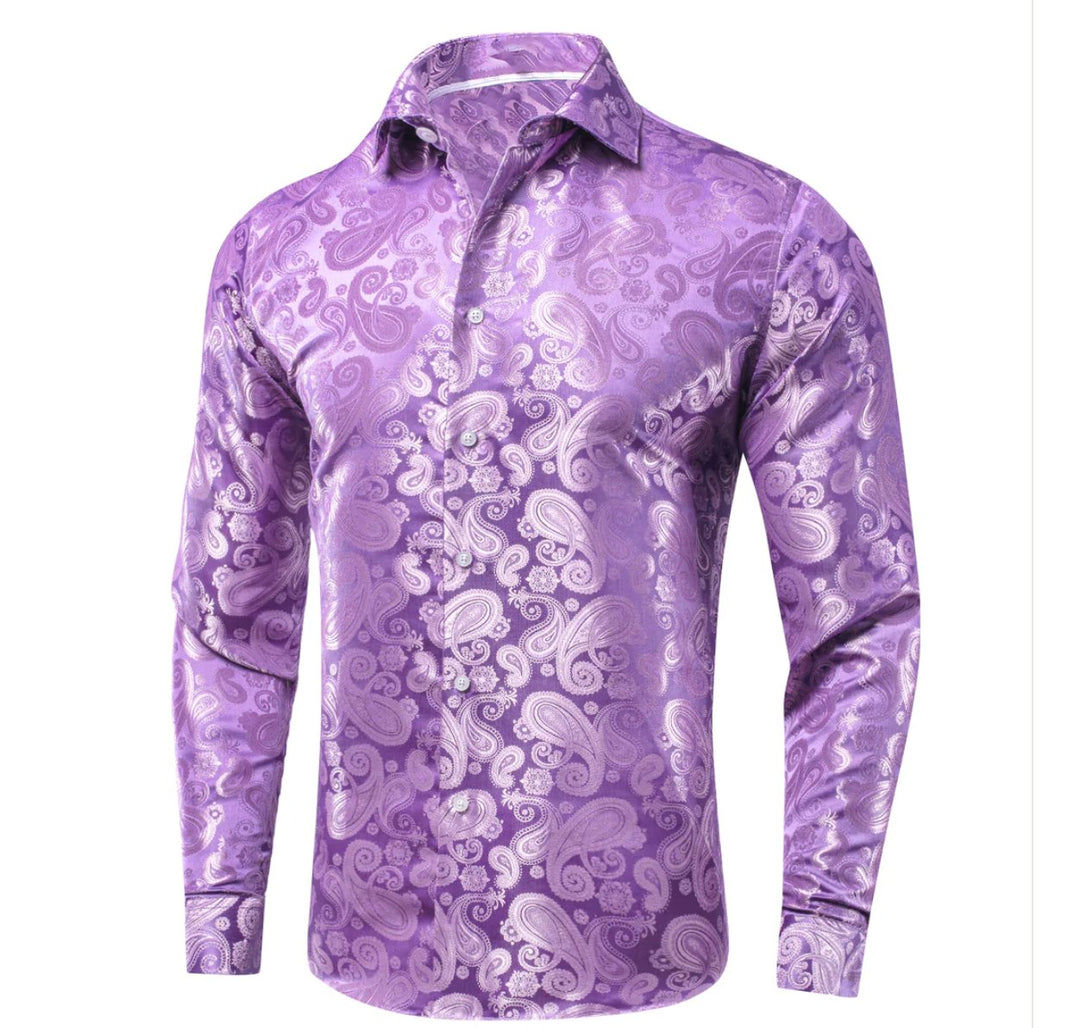 Simon Von Lilac Purple Paisley Silk Men's Long Sleeve Shirt -CY-1621 - SimonVon Shop