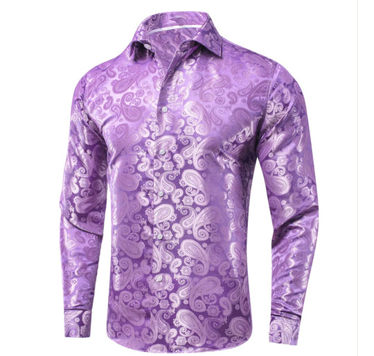 Simon Von Lilac Purple Paisley Silk Men's Long Sleeve Shirt -CY-1621 - SimonVon Shop