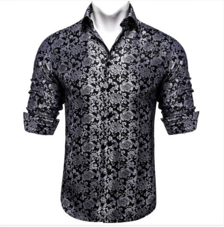 Simon. Von Luxury Grey Black Paisley Silk Shirt-CY-2037 - SimonVon Shop