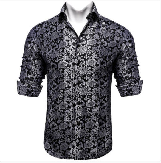 Simon. Von Luxury Grey Black Paisley Silk Shirt-CY-2037 - SimonVon Shop