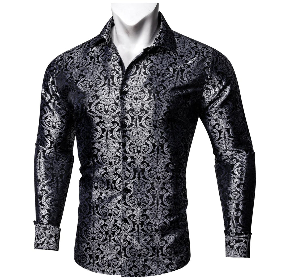 Simon. Von Luxury Grey Black Paisley Silk Shirt-CY-2037 - SimonVon Shop