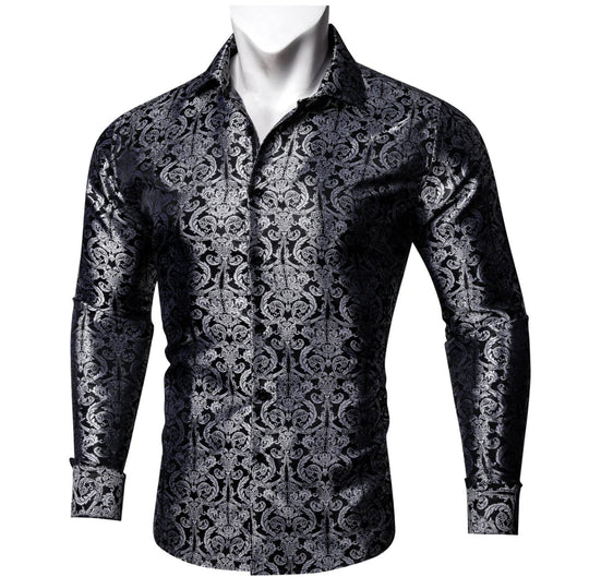 Simon. Von Luxury Grey Black Paisley Silk Shirt-CY-2037 - SimonVon Shop