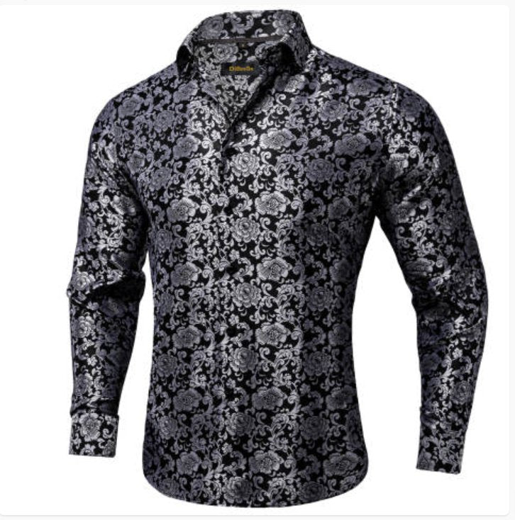 Simon. Von Luxury Grey Black Paisley Silk Shirt-CY-2037 - SimonVon Shop