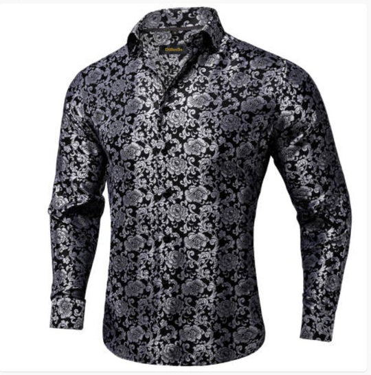Simon. Von Luxury Grey Black Paisley Silk Shirt-CY-2037 - SimonVon Shop