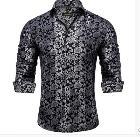 Simon. Von Luxury Grey Black Paisley Silk Shirt-CY-2037 - SimonVon Shop