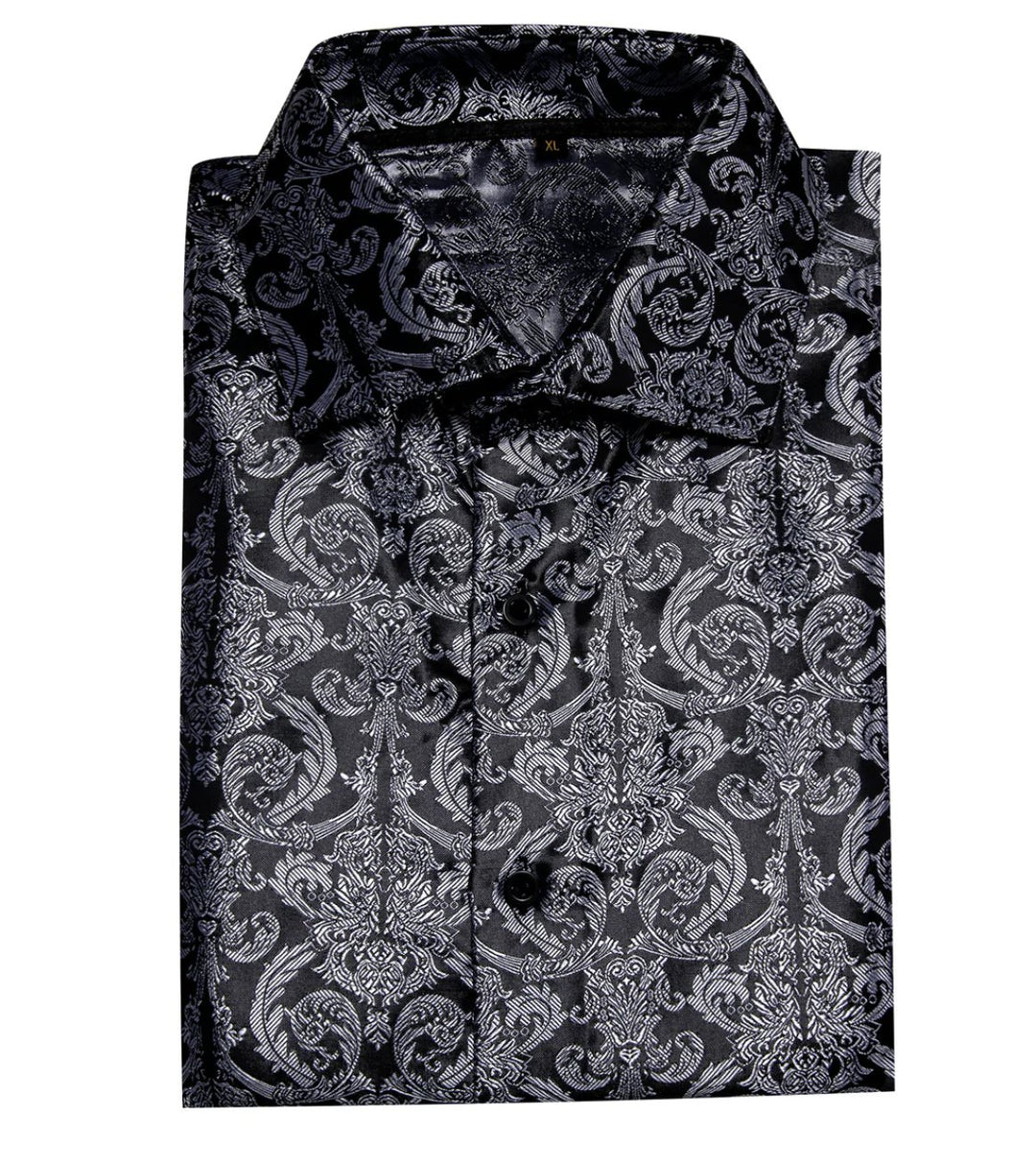 Simon. Von Luxury Grey Black Paisley Silk Shirt-CY-2037 - SimonVon Shop