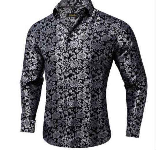 Simon. Von Luxury Grey Black Paisley Silk Shirt-CY-2037 - SimonVon Shop