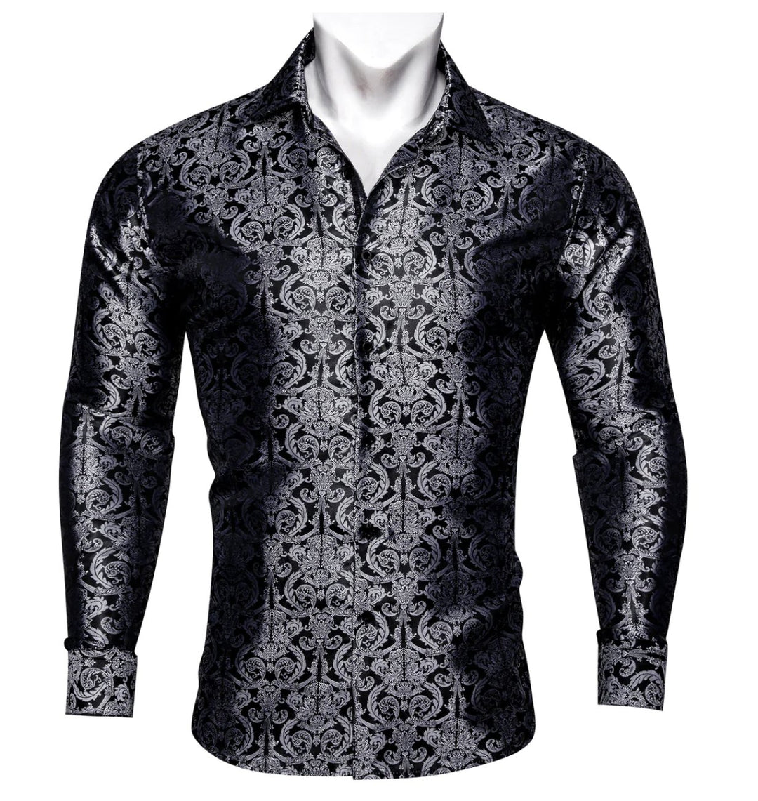 Simon. Von Luxury Grey Black Paisley Silk Shirt-CY-2037 - SimonVon Shop