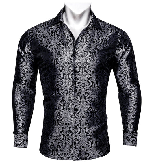 Simon. Von Luxury Grey Black Paisley Silk Shirt-CY-2037 - SimonVon Shop